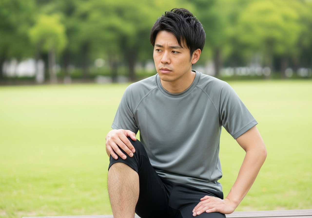 運動後の疲れや痛みを感じる30代の男性